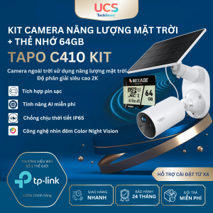 Bộ camera ngoài trời năng lượng mặt trời Tapo C410 Kit với tính năng pin sạc tích hợp AI phát hiện chuyển động chống thấm IP65 và chế độ nhìn ban đêm màu sắc.