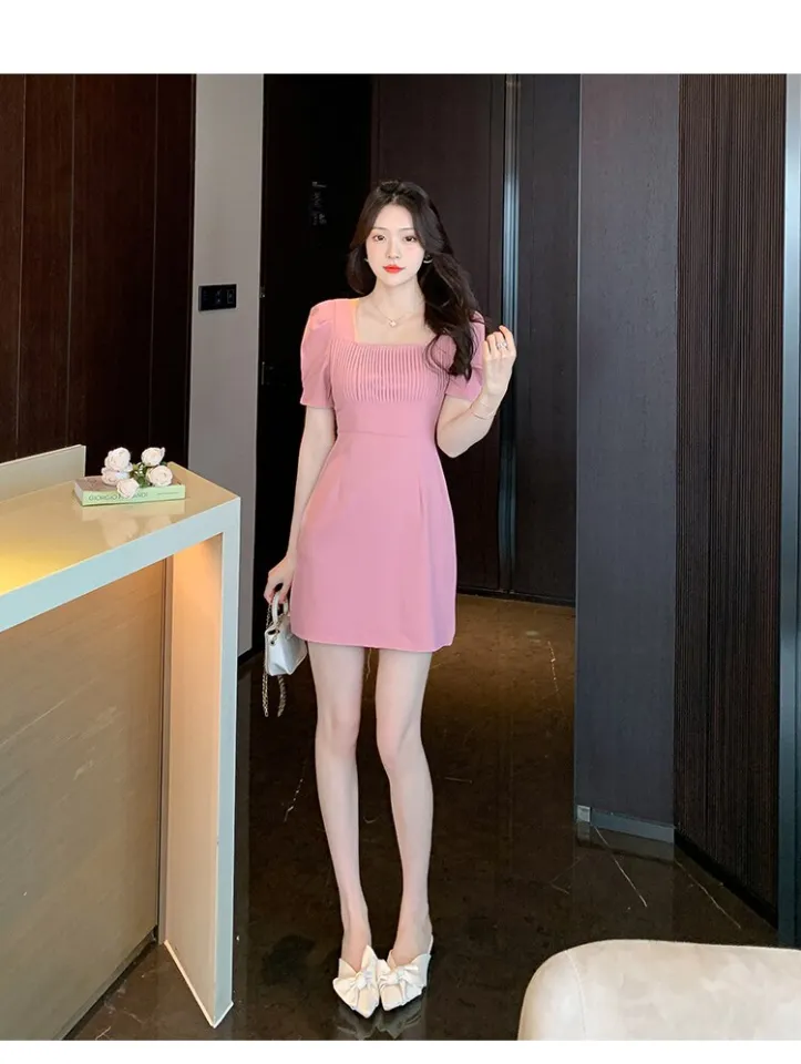 2024 Pink Short Sleeve Square Collar Kawaii Dress Summer Black Elegant Bodycon  Mini Dress Women Korean Vintage Party Night Dress - AliExpress