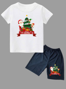 setelan Kaos oblong dengan celana pendek anak usia 1-10tahun sablon pohon santa