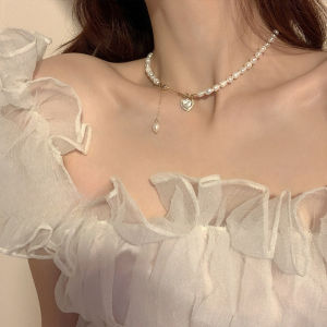 Rantai Leher 流苏爱心珍珠项链 Heart Pearl Tassel Necklace 轻奢小众高级感锁骨链串珠吊坠颈链 Elegant Clavicle Fashion Jewelry