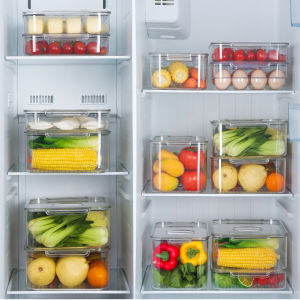 Locaupin PET Stackable Kitchen Pantry Cabinet Refrigerator Freezer Food Storage Box with Handles Lid - Organization