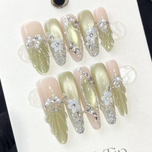 【HANDMADE+Free Glue】Artificial Nail Green Waves and Clear Shadows Light Luxury Buccellati Emerald Phototherapy Fake Nail Patch Press on Nails Reusable