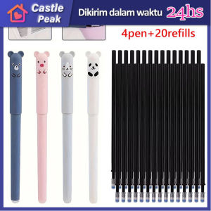 24Pcs Pena Gel Pen Hitam Karakter Kartun Lucu + 20 Refil Pena Gel / Pulpen Stationary Cair Gel  0.5 Mm