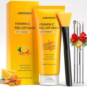 AMOADO Blackhead Remover Mask Peel Off Face Mask with Vitamin C & Turmeric for Men and Women–Deep Cleansing Nose Facial Mask for Blackheads Pores & Oil Control with Pimple Extractor and Brush