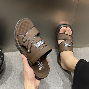 New mens summer sandals leather thick soled beach driving two wear sandals wearing dad casual slippers