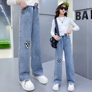 Jeans Pants For Kids Girls 6-15yrs Maong Loose Wide-Leg Soft Denim Pants Teens Girls Embroidery High Waist Baggy Pants For Teens Girl ootd