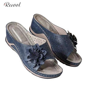 Recool Plus Size Sandals Womens Woven Flower Wedge Slippers For Indoor Outdoor Wear fashion wedge heel women shoes summer women ladies girls durable