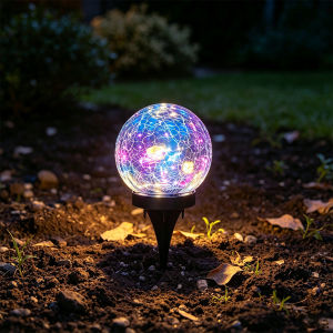 Cracked Glass Solar Globe Lights Outdoor Garden Waterproof Yard Pathway Landscape Decor Auto Sensing Warm LED Stake Lights Heavy Duty ABS Base Decorative Lighting