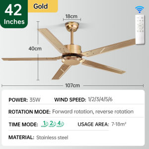 Gogeous 52/42inch ceiling fan big size modern 6 speed wind wooden golden metal ceiling fan 5 blades big ceiling fan heavy duty for living room dinning room bedroom