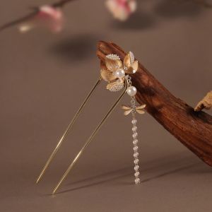 Elegant Pearls Lotus U-shaped Hairpin Womens Back of Head Bun Metal Hair Sticks Dragonfly Tassel Simple Bridal Hair Accessories