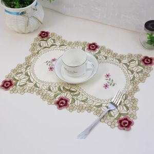 ANHEY Non-Slip Dining Table Place Mat Large Vintage Embroidered Lace Fabric Placemat Waterproof Waterproof Coasters Outdoor Picnic