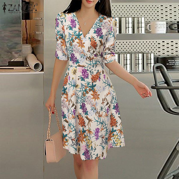 Celmia Zanzea Korean Style Womens Collect Waist Short Sleeve Robe Dress Floral Printed Midi 5716