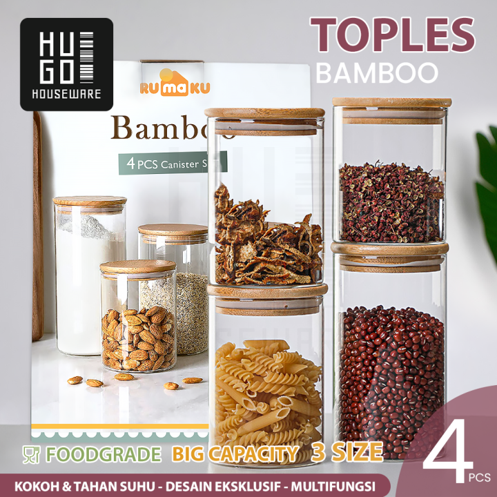 Hugo Toples Kaca Set Pcs Toples Kue Kedap Udara Tutup Stainless Steel Premium Quality Toples