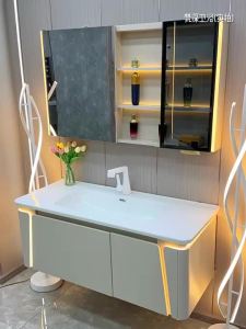 Inligent Bathroom Cabinet Ceramic Integrated Basin Mirror Cabinet Rounded Corner Toilet Cabinet