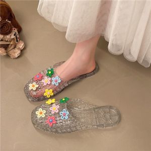 Free Shipping Flower Crystal Shoes Jelly Soft-Soled Half-Slipper Slippers With A Closed Toe Flat-Soled Transparent Crystal Home Slippers For Women