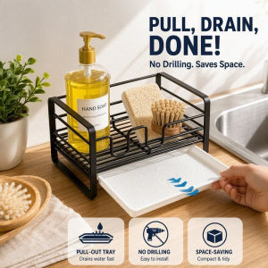 Sink Caddy Sponge Holder With Drip Tray No Drill Countertop Rack Dish Brush Soap Organizer