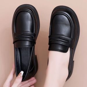 [Free Shipping] Chunky Heel Loafers for Women 2026 Spring and Autumn Womens Shoes Black Thick-Soled Small Leather Shoes Soft Sole Versatile Casual Shoes