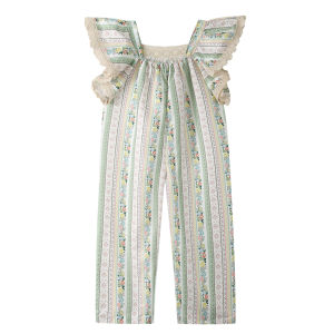 Rolanko Girls Jumpsuits Ruffle Sleeve Round Neck Wide Leg One Piece Rompers Kids Fashion Floral Beach Vacation Clothes 2-8Years