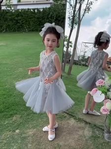 2025Girls Summer Dress Mesh Skirt Sleeveless Sparkling Princess Gown Childrens Fashionable Clothing Bright Sequins Fabric Other Material 100%09/08