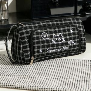 MMLUCK Đa lớp Túi đựng bút in hình mèo Dung lượng lớn Thêu Túi đựng bút Cổ điển Sọc sọc Hộp đựng văn phòng phẩm Trường học
