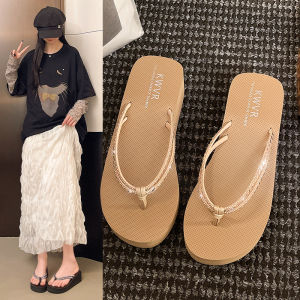 [Free Shipping] Womens Sandals with Rhinestones 2026 Summer Fashionable Flip-Flops Beach Shoes Wedge Heel Thick Sole