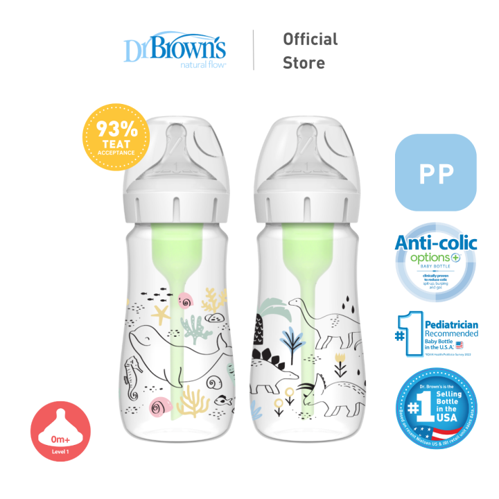 Dr Brown's Options+ PP Wide-Neck 9oz/270mL Feeding Bottle, Multi Dino/Ocean Whale, 1 Bottle With Level 1 Teat | Lazada