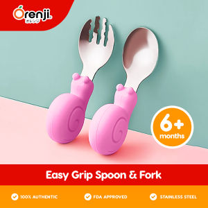 Orenji Easy-Grip Silicone Spoon & Fork Set - Pink Deepened Spoonhead Non-slip Handle Easy to Hold Ergonomic Handle