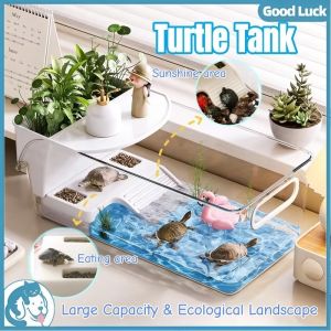 Turtle Tank Large Capacity Desktop Turtle Aquarium Ecological Landscape Box with Basking Sun Lamp