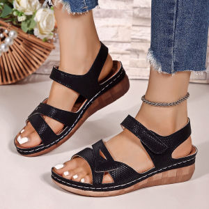 [Free Shipping] New Plus-Size Casual Fish-Mouth Sandals Roman-Style Sandals Outdoor Sandals With Velcro Straps Wedge Heels And Thick Soles