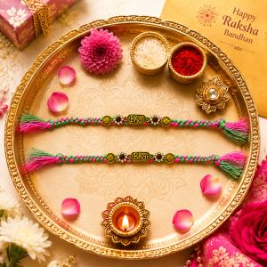 Handmade Bhai Rakhi with Pink & Green Braided Thread | Designer Raksha Bandhan Rakhi for Brother | Traditional Indian Festival Rakhi (Pack of 1)