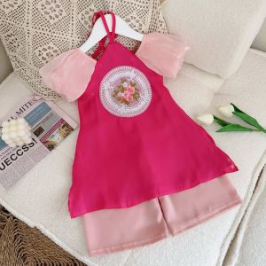 Áo dài cho bé áo dài cách tân cổ yếm áo dài cách tân thêu hoa áo dài cách tân tay phồng dễ thương - Happy Life 4Kid