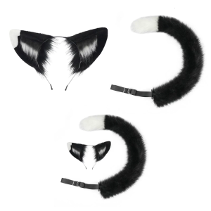 Handmade Plush Cats Ears Headbands Fauxs Furs Tail for Halloween Cosplay Party Costumes Accessories for Kids Adult