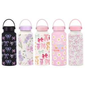 COOLSOO 1000ML Vacuum Bottle Printed Design Portable Aquaflask Tumbler Convenient Printed Bow And Flowers Sports Bottle Sports Use
