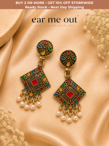 [SG] Vintage Multicolour Heritage Drop Earrings | Antique Gold Statement Earrings | Ethnic Pearl Drop Earrings | Bohemian Festival Earrings | ear me out (EMO-52)