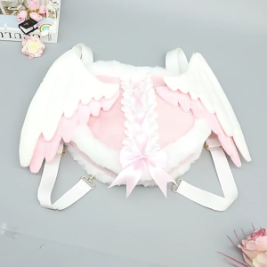 2000s Angel Heart Backpack Bag Plush Fashion Shoulders Bag with Detachable Angel Wing for Daily Travel Cosplay Props Bag