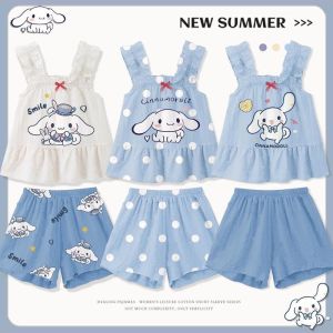 Kawaii Sanrio Summer Kids Pajamas Suit Kuromi Cinnamoroll Hello Kitty My Melody Pajamas Girl Shorts Clothes Set Children Nightgown