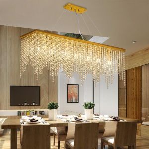Luxury Rectangular Crystal Chandelier Modern Led Tassels Linear Raindrop Ceiling Pendant Light Fixture for Dining Room Living Room Kitchen Island