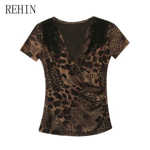 REHIN European Style Leopard Print Mesh Beaded V-Neck Cross Short Sleeve Slim Fit Summer T-Shirt Top(S-3XL)