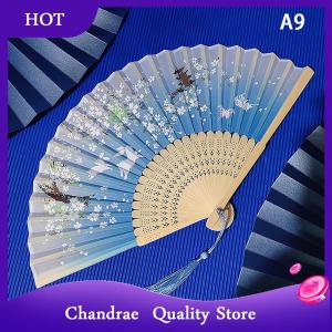 [Chandrae] Vintage Chinese Style Folding Fan bamboo hand fan Wooden Shank Classical Dance Fan with Tassel Elegent Female Fan Home Decor