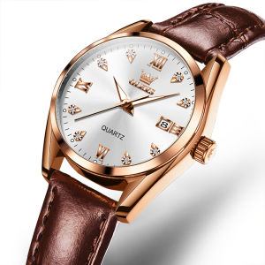 OLEVS 5522 Quartz Simple Women Watch Gift Round-dial Leather Watchband Wristwatch Calendar Luminous
