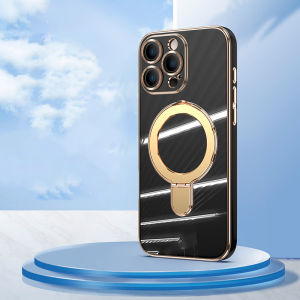 CrashStar Magsafe With Glass Lens Film Transparent Plating Shockproof Phone Case For Car Holder With Rotatable MagSafe Stand For iPhone 16 15 14 Pro Max Plus 13 12 Pro Max Wireless Charging Phone Casing Silicone Soft Edge Anti-fall Cover Shell