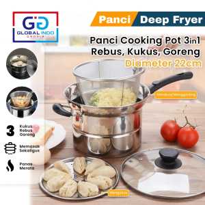 Panci Multifungsi 3in1 Stainless Panci Deep Fryer Set Kukus Rebus & Goreng Aneka Masakan Crispy