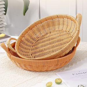 【Ready Stock&COD】DIVATEN Round Shape Rattan Basket Handwoven with Handle Storage Basket Large Capacity Wicker Basket Tabletop Display