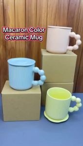VISHINE Nordic Ceramic Mug Macaroon Color Tea Cup Water Coffee Mug with Lid 375ml Beaded Handle Mug