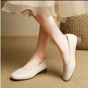 Free Shipping Chunky-Heeled Square-Toe Soft-Soled Comfortable Mom Shoes Versatile For Commuting Slip-On Style WomenS Shoes Soft Leather Shallow-Toe Flats