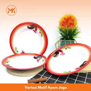 MM - A041 - PIRING MAKAN ENAMEL AYAM JAGO 22CM / PIRING MOTOF BUNGA LOGAM / PIRING MAKAN SERBAGUNA 22CM