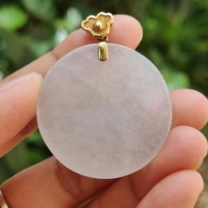 Mid-Year Special - Semi Icy Translucent Natural Type A Jadeite Jade crafted with round shape as Pendant with 18k Gold Clasp certificate weigh 18.24 grams measurement 35.2 * 5.5 mm (18kp32)