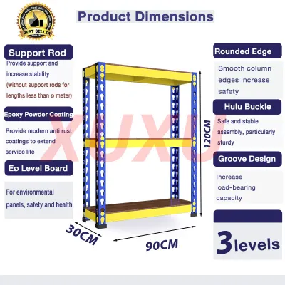 XUXU Boltless Rack Rak 4/5 Tier Besi Bertingkat Heavy Metal Frame Rak Besi Rak Buku Warehouse Store Office Storage Shelves Blue Yellow Rak Dapur 货架置物架
