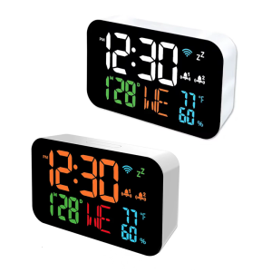 Modern WiFi Desktop Clock Temperature Humidities Monitor Automatic Time Sync Adjustable LED Display Two Alarm Function