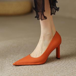 Womens 8cm high heels for wedding dinner soft leather pointed toe fashion orange party shoes